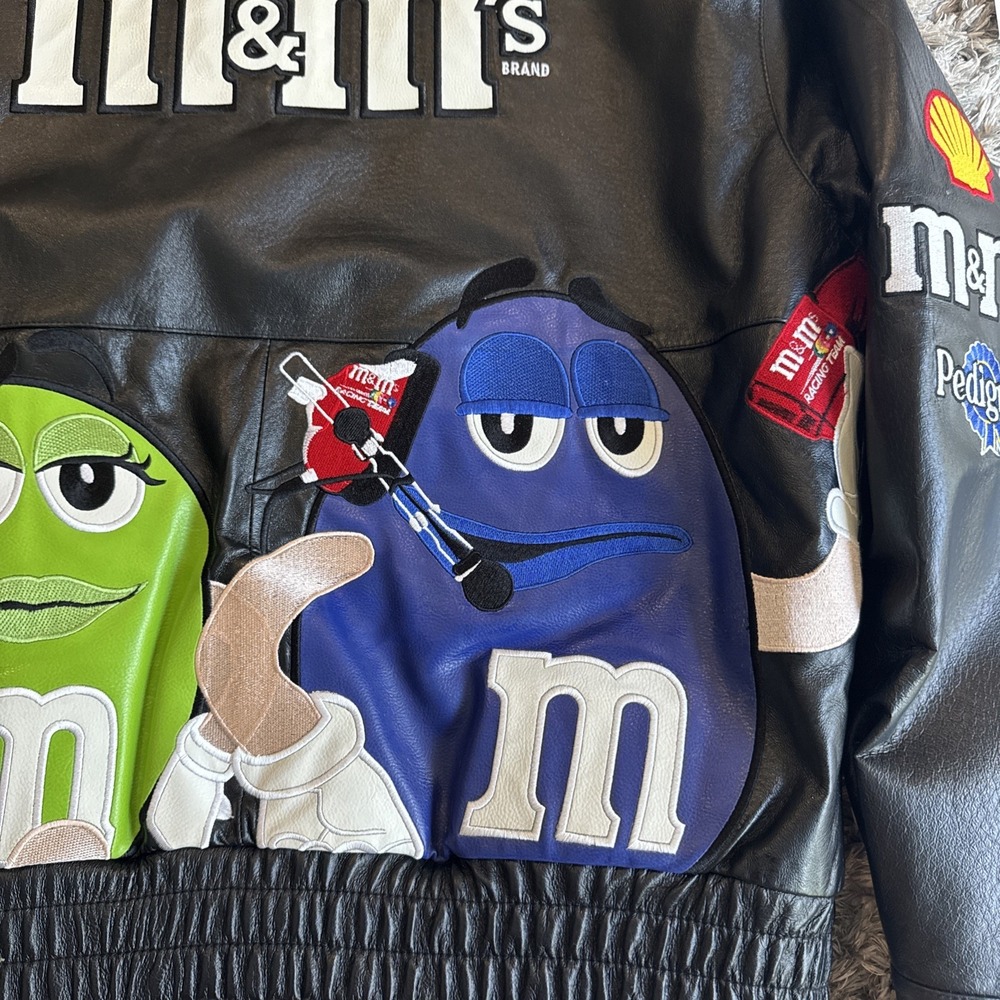 Vintage 90's JH Design M&M Black Leather Jacket Elliot Sadler #38 Men's Size XL - Picture 15 of 16